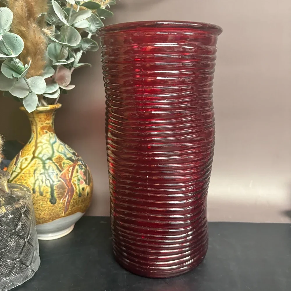 Red Ribbed Glass Vase | 10 Inch Cylinder‎ | Vintage Style Home Decor | Boho